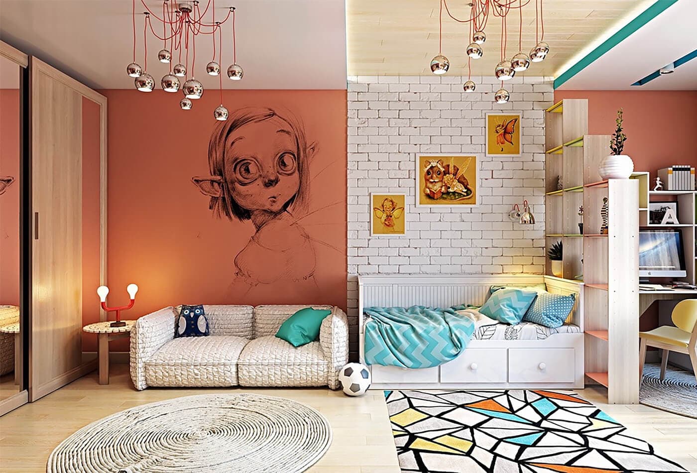Hand-drawn character mural printed on a child’s bedroom accent wall