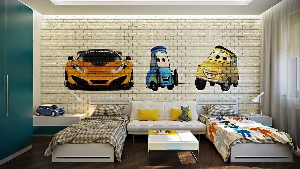 Cartoon cars mural printed on a white brick children’s bedroom wall