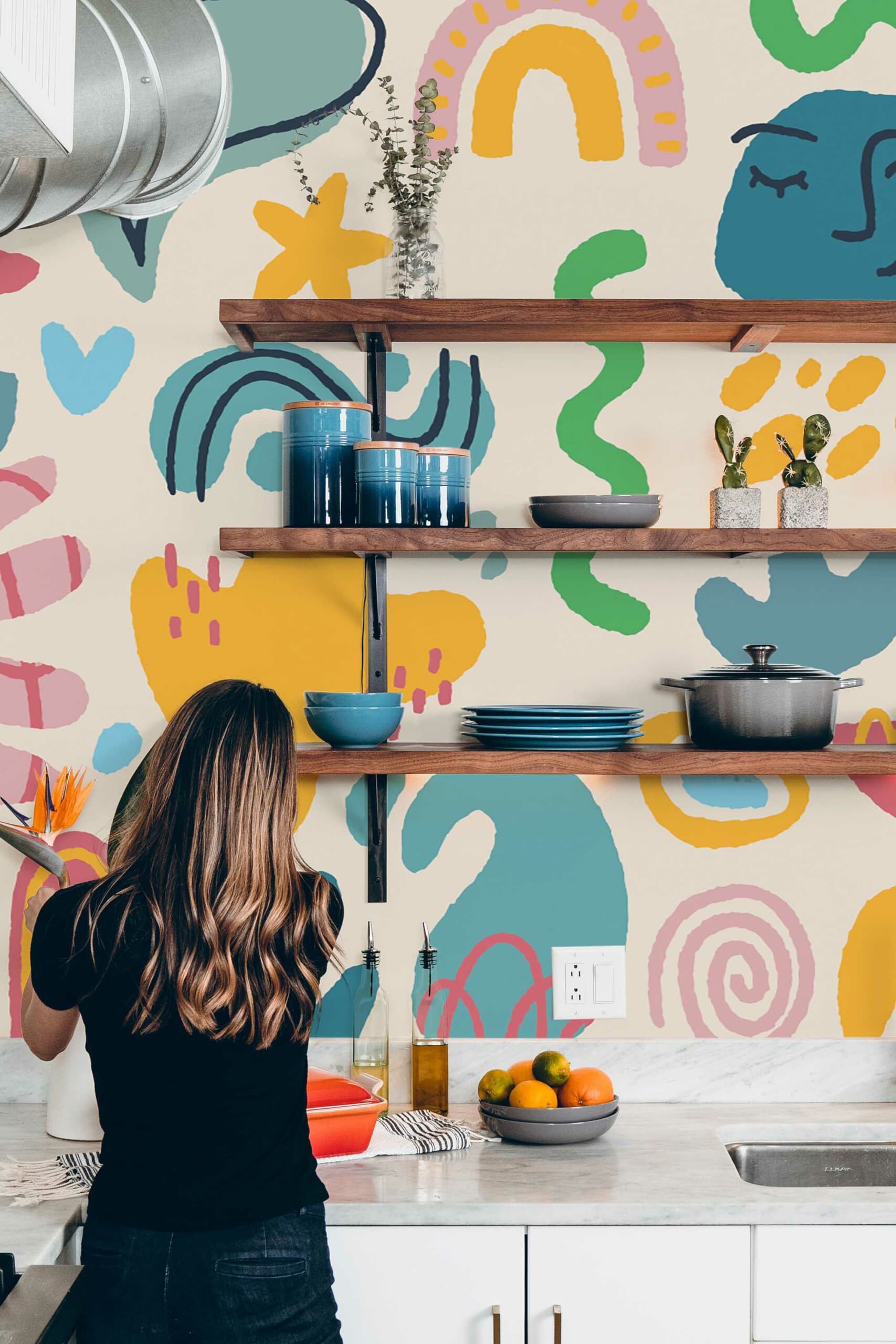 Colorful abstract mural printed on a modern kitchen wall