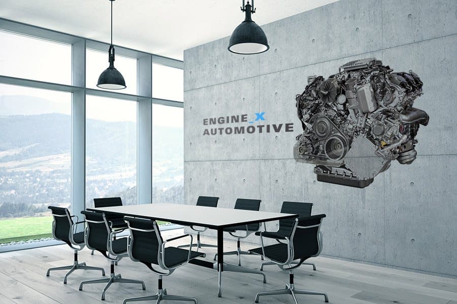 Detailed engine mural printed on a concrete office boardroom wall